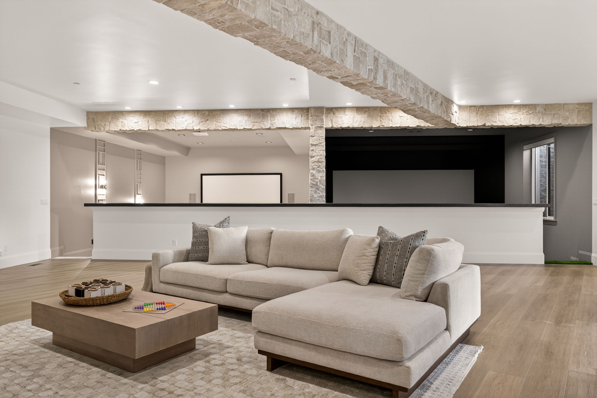 Basement living area with modern finishes